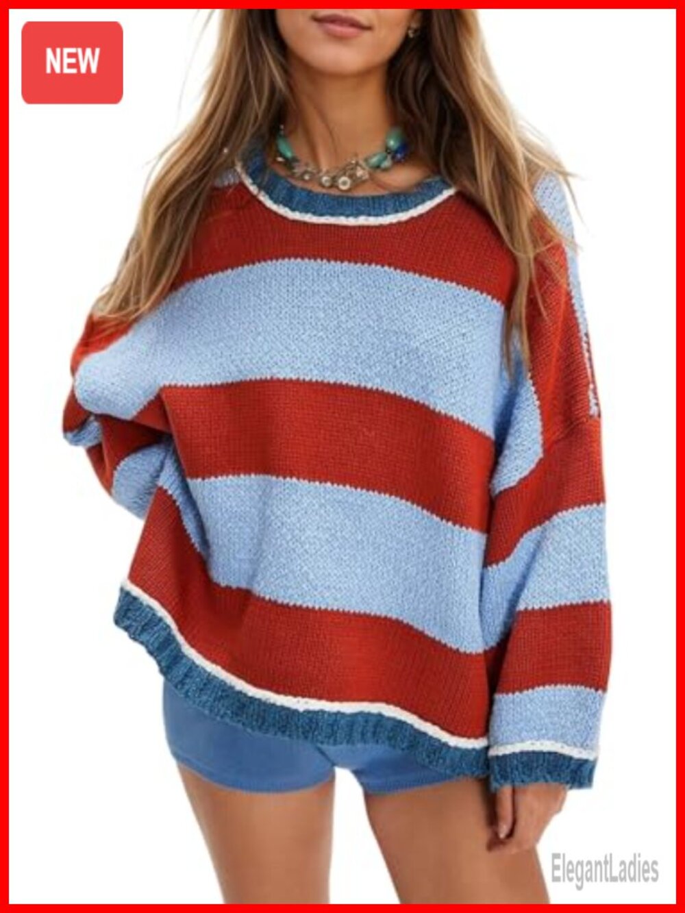 Oversized Chunky Knit Striped Sweater Cotton Blend Crewneck Pullover